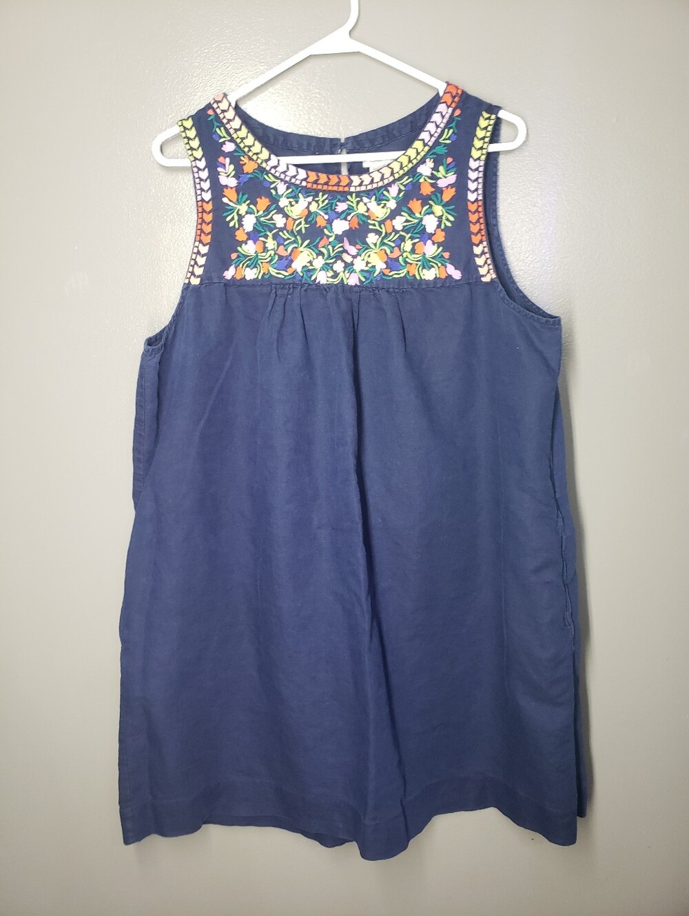 J.Crew Womens Blue Embroidered Mini Dress Size 18 Cotton Linen 2017 Pockets